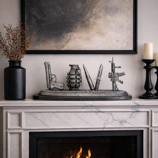 Banksy Inspired 3D Love Guns Statue – Silver Antique Finish