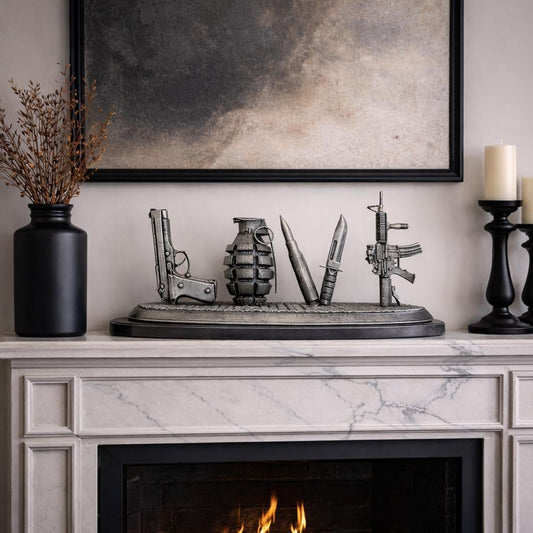 Banksy-Inspired LOVE Guns Statue, Silver Antique Finish 3D Sculpture