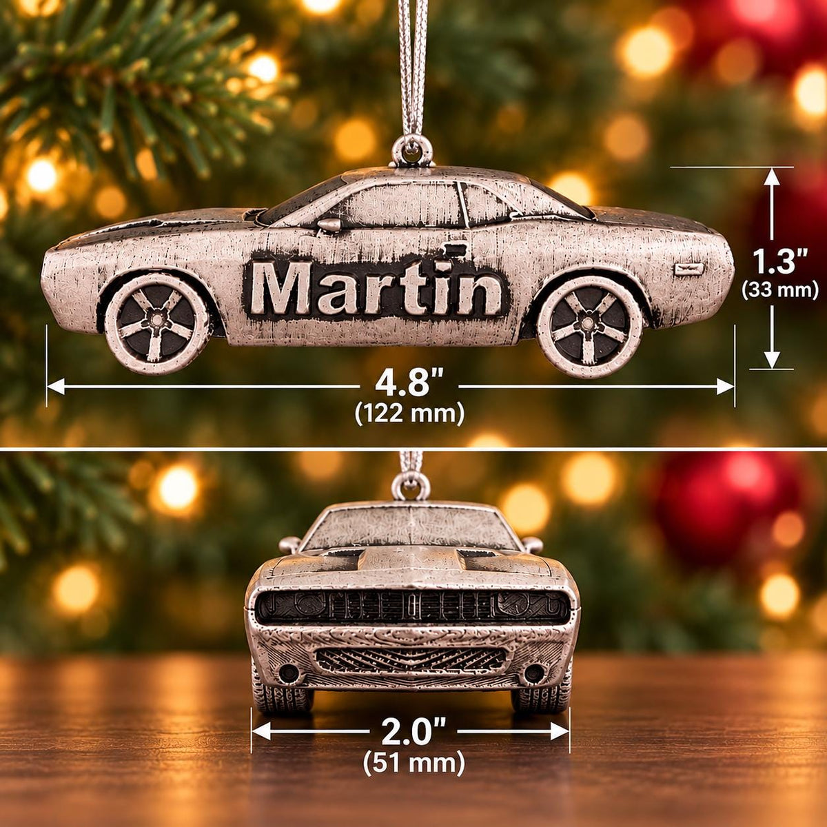 Personalized Dodge Challenger Christmas Ornament, 3D Printed Muscle Car