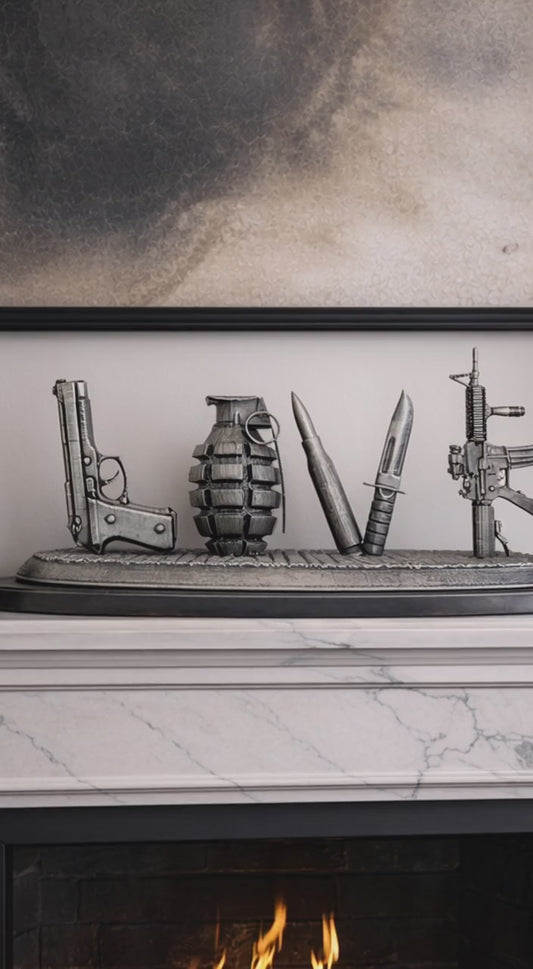 Banksy Inspired 3D Love Guns Statue – Silver Antique Finish